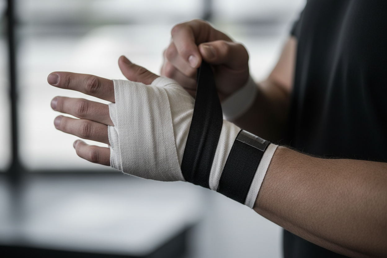 Cropped shot: hands taping wrists (boxing/work out) premium feel minimalist